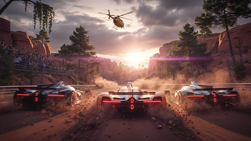 A pack of supercars led by an orange Lamborghini drives past a drifting Ford Mustang and off-roaders heading in the opposite direction, all in Mexico's desert surrounded by cacti and beach trees.